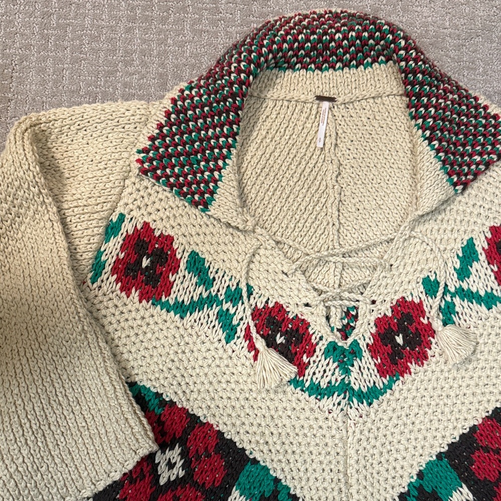 Free People Julie Girl Cream and Red Floral Knit Poncho - Picture 2 of 7